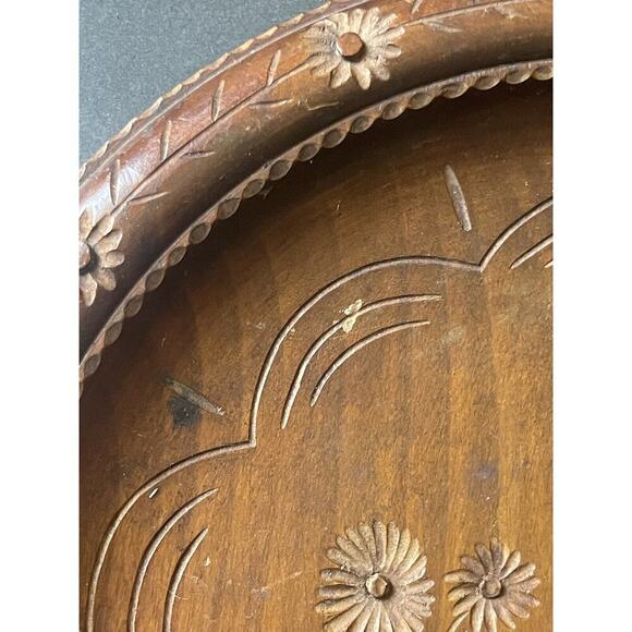 Vintage Handcarved Tray Wooden MCM Minimalist Decorative Round Brown Floral Dish - Picture 2 of 7